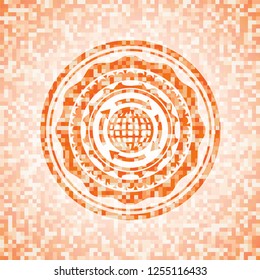 globalization icon inside orange tile background illustration. Square geometric mosaic seamless pattern with emblem inside.