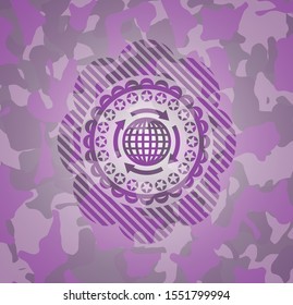 globalization icon inside pink camouflage emblem