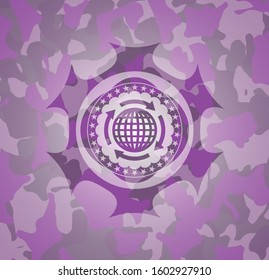 globalization icon inside pink camouflaged emblem