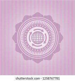 globalization icon inside pink emblem. Retro