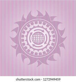 globalization icon inside pink emblem. Retro