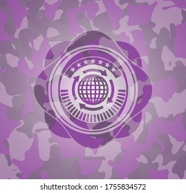 globalization icon inside pink and purple camouflage emblem. 