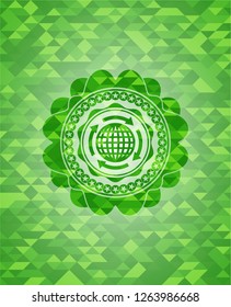 globalization icon inside realistic green emblem. Mosaic background