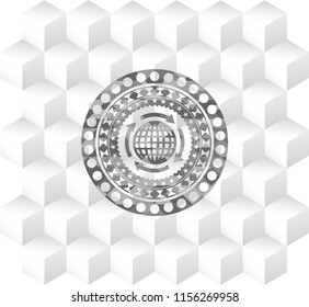 globalization icon inside realistic grey emblem with geometric cube white background