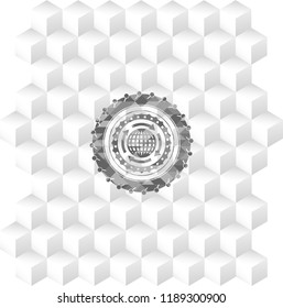 globalization icon inside realistic grey emblem with geometric cube white background