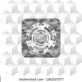 globalization icon inside realistic grey emblem with geometric cube white background