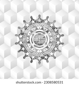 globalization icon inside realistic grey emblem with geometric cube white background. 