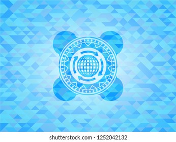 globalization icon inside realistic light blue emblem. Mosaic background
