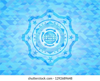 globalization icon inside realistic sky blue emblem. Mosaic background