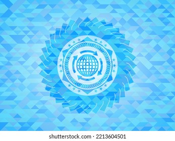 globalization icon inside realistic sky blue emblem. Mosaic background. 