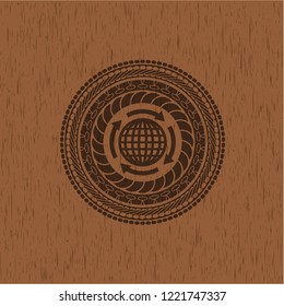globalization icon inside realistic wooden emblem
