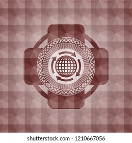 globalization icon inside red badge with geometric pattern background. Seamless.