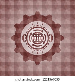 globalization icon inside red emblem or badge with abstract geometric pattern background. Seamless.