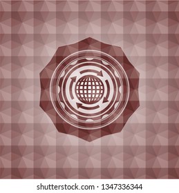 globalization icon inside red seamless emblem with geometric background.