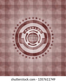 globalization icon inside red seamless geometric pattern emblem. Seamless.
