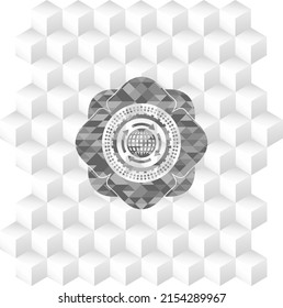Globalisierungssymbol im Retrostil, graues Emblem mit geometrischem, würfelweißem Hintergrund. 