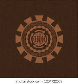globalization icon inside retro wood emblem