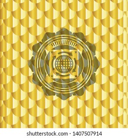 globalization icon inside shiny golden emblem. Scales pattern. Vector Illustration. Detailed.