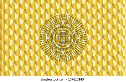 globalization icon inside shiny golden emblem. Scales pattern. Vector Illustration. Detailed.