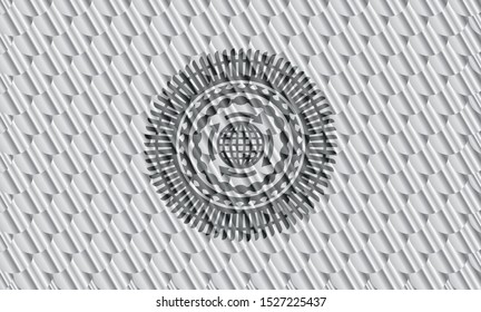 globalization icon inside shiny silver badge. Scales pattern. Vector Illustration. Detailed.