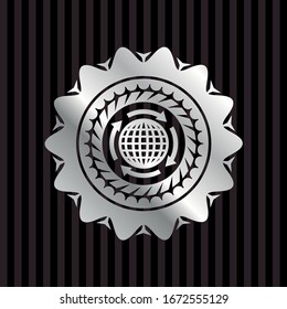 globalization icon inside silvery badge or emblem
