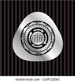 globalization icon inside silvery shiny badge