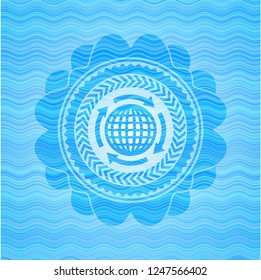 globalization icon inside sky blue water emblem background.