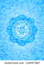 globalization icon inside sky blue emblem with mosaic background
