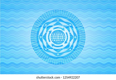 globalization icon inside sky blue water wave emblem background.