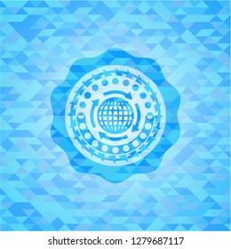 globalization icon inside sky blue mosaic emblem