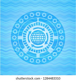 globalization icon inside sky blue water wave style emblem.