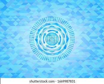 globalization icon inside sky blue emblem with mosaic ecological style background