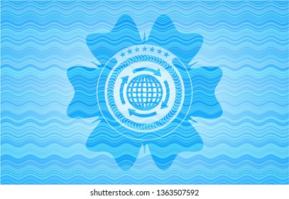 globalization icon inside water wave representation style badge.