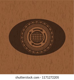 globalization icon inside wooden emblem. Vintage.