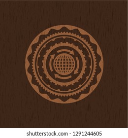 globalization icon inside wooden emblem. Vintage.