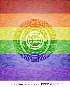 globalization icon on mosaic background with the colors of the LGBT flag