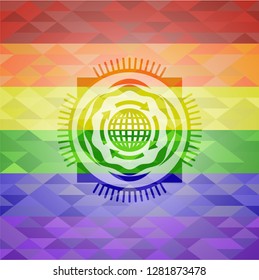 globalization icon on mosaic background with the colors of the LGBT flag