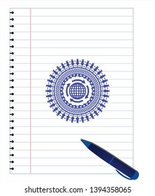 globalization icon pen draw. Blue ink. Vector Illustration. Detailed.