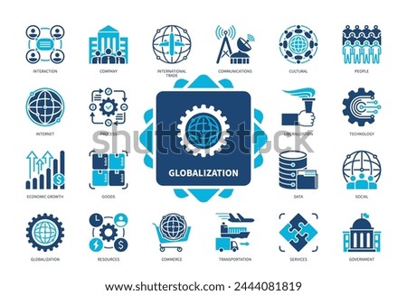 Globalization icon set. Communication, International Trade, Transportation, Social, Cultural, Company, Resources, Technology. Duotone color solid icons