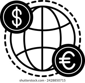 Globalization icon. Vector Icon of Distributing Dollar and Euro Money on the Planet. Cashless payments. Business and Finance Concept