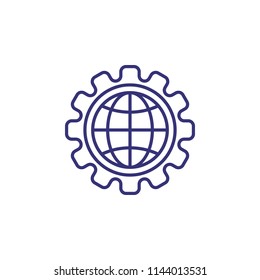 Globalization line icon. Globe, planet, gear, cogwheel. Internet technology concept. Can be used for topics like business development, networking, engineering