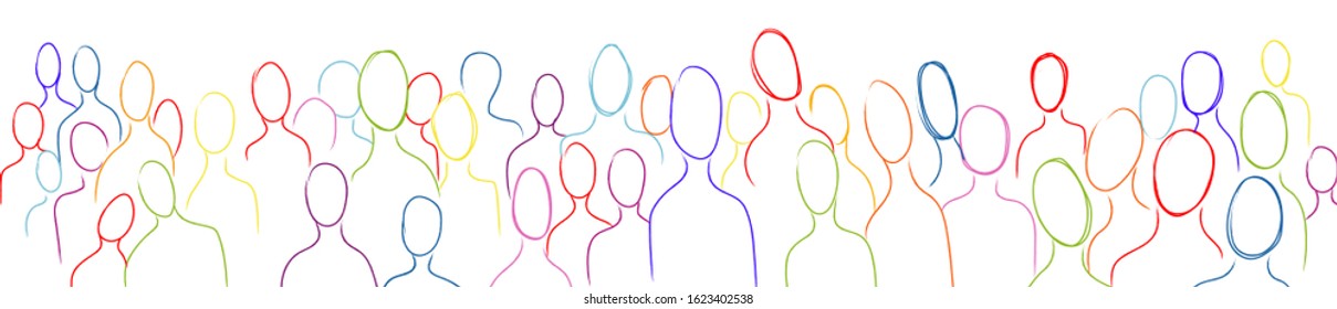 Globalization. Multicultural population. Crowd silhouettes of people with colorful stroke. Many multiethnic people who communicate and share ideas. Confusion and disorganization. Immigration