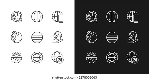 Iconos lineales perfectos para píxeles de globalización ajustados para el modo oscuro y claro. Redes mundiales. Relaciones internacionales. Símbolos delgados para la noche, tema del día. Ilustraciones aisladas. Trazo editable