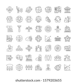Globalization proccess linear icons, signs, symbols vector line illustration set