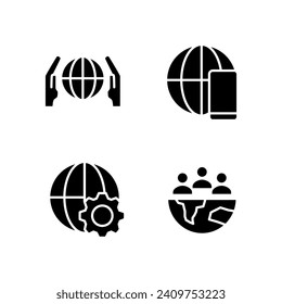 Globalization process black glyph icons set on white space. Worldwide network. International connection. Telecommunication. Silhouette symbols. Solid pictogram pack. Vector isolated illustration