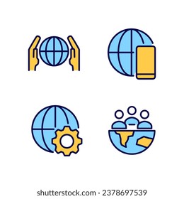 Globalization process pixel perfect RGB color icons set. Worldwide network. International connection. Isolated vector illustrations. Simple filled line drawings collection. Editable stroke