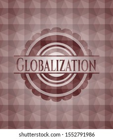 Globalization red seamless emblem or badge with abstract geometric pattern background.