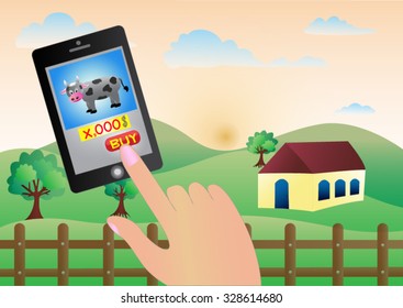 Globalization ,shopping on line everywhere at field farmland .