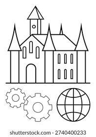 Globalization, technology, medieval history, innovation, engineering, connectivity. Castle outline with gears and a globe. Globalization and technology concept blending history and modern