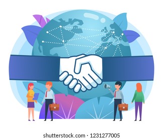 Globalisierung, weltweites Geschäftskonzept. Große Hände, Handschüttelung, Erdkugel auf Hintergrund. Poster für soziale Medien, Präsentation, Webseite, Banner. Flaches Design-Vektorillustration-Illustration